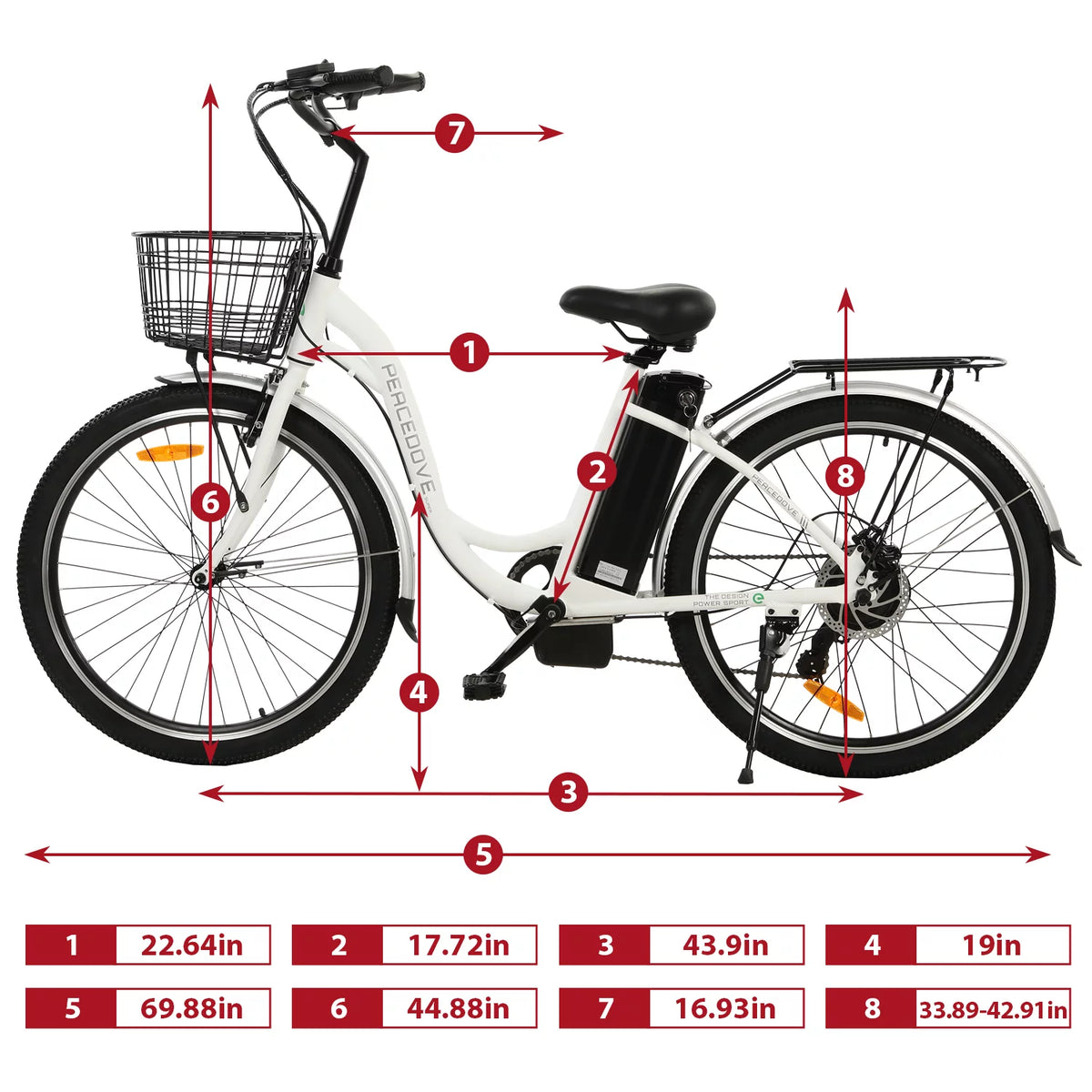 26 Inch 350 W White 7 Speed Electric Bicycle with Basket M65528
