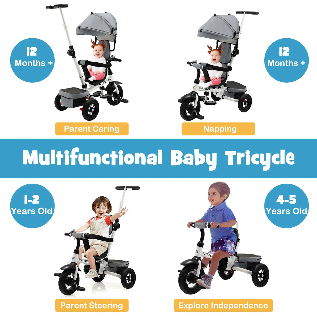 Folding Toddler Tricycle with Reversible Seat and Adjustable Canopy P374908