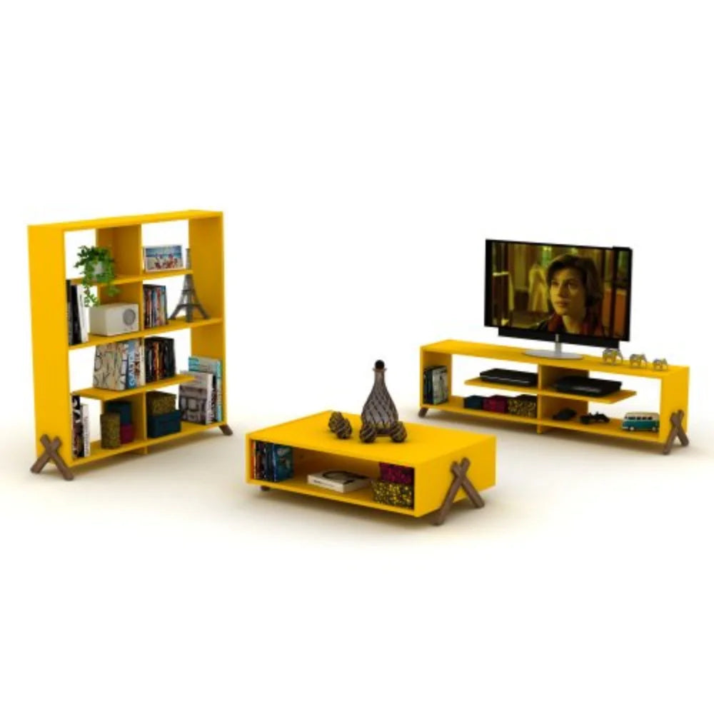 Walnut Yellow Rectangular Wooden Coffee Table with Shelving W441609