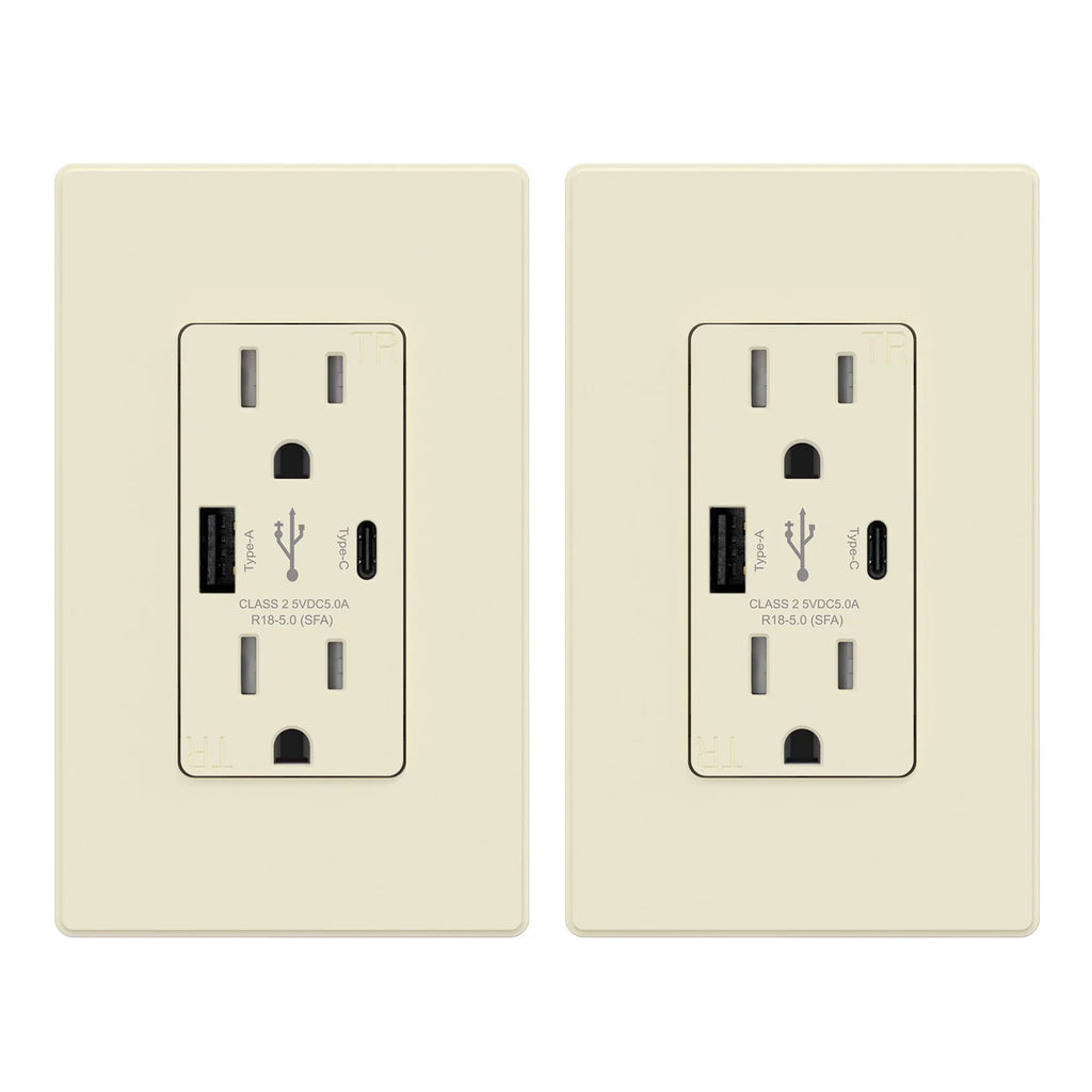 25-Watt 15 Amp Type A and Type C Dual USB Wall Charger with Duplex Tamper Resistant Outlet, Light Almond (2-Pack) A237