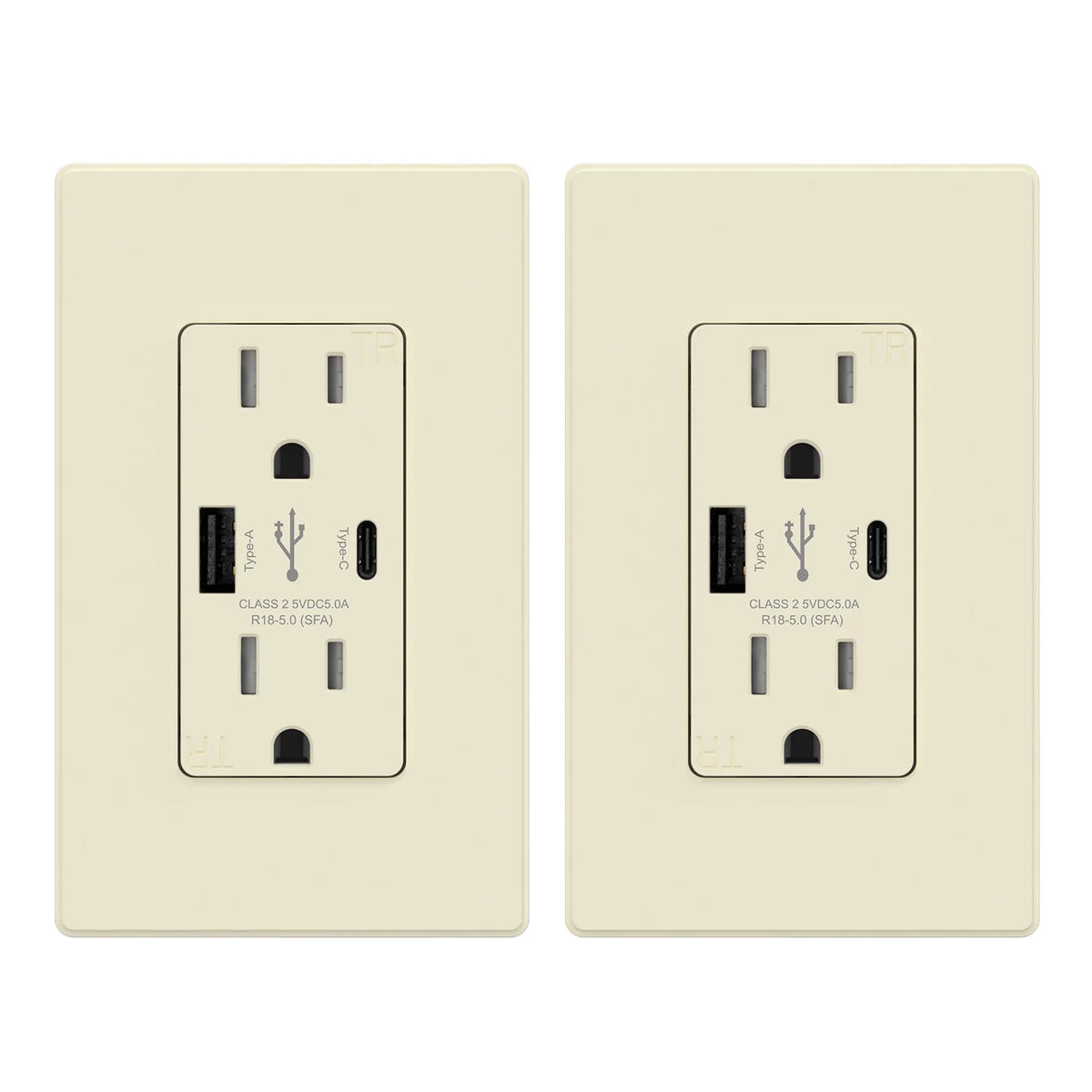 25-Watt 15 Amp Type A and Type C Dual USB Wall Charger with Duplex Tamper Resistant Outlet, Light Almond (2-Pack) A237