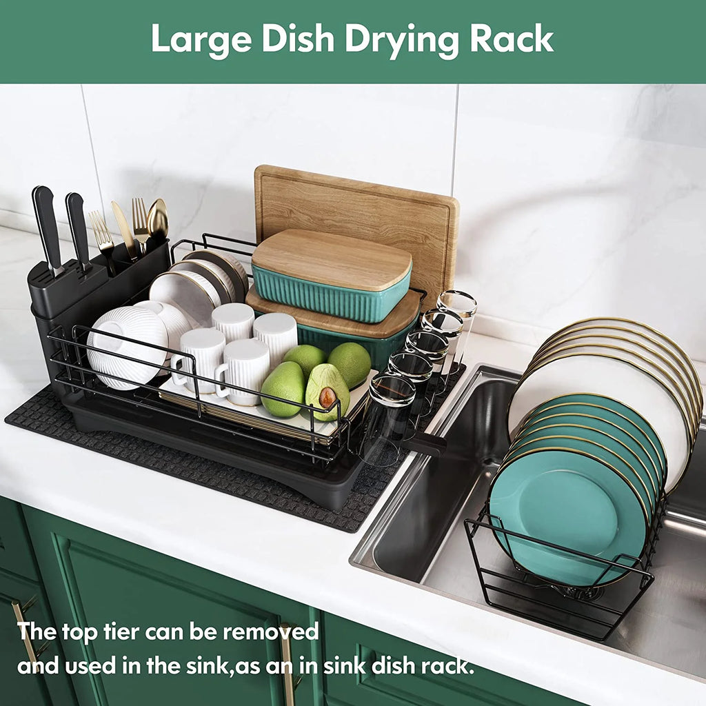 Large 2 Tier Black Dish Drying Rack with Drainboard Set I672493
