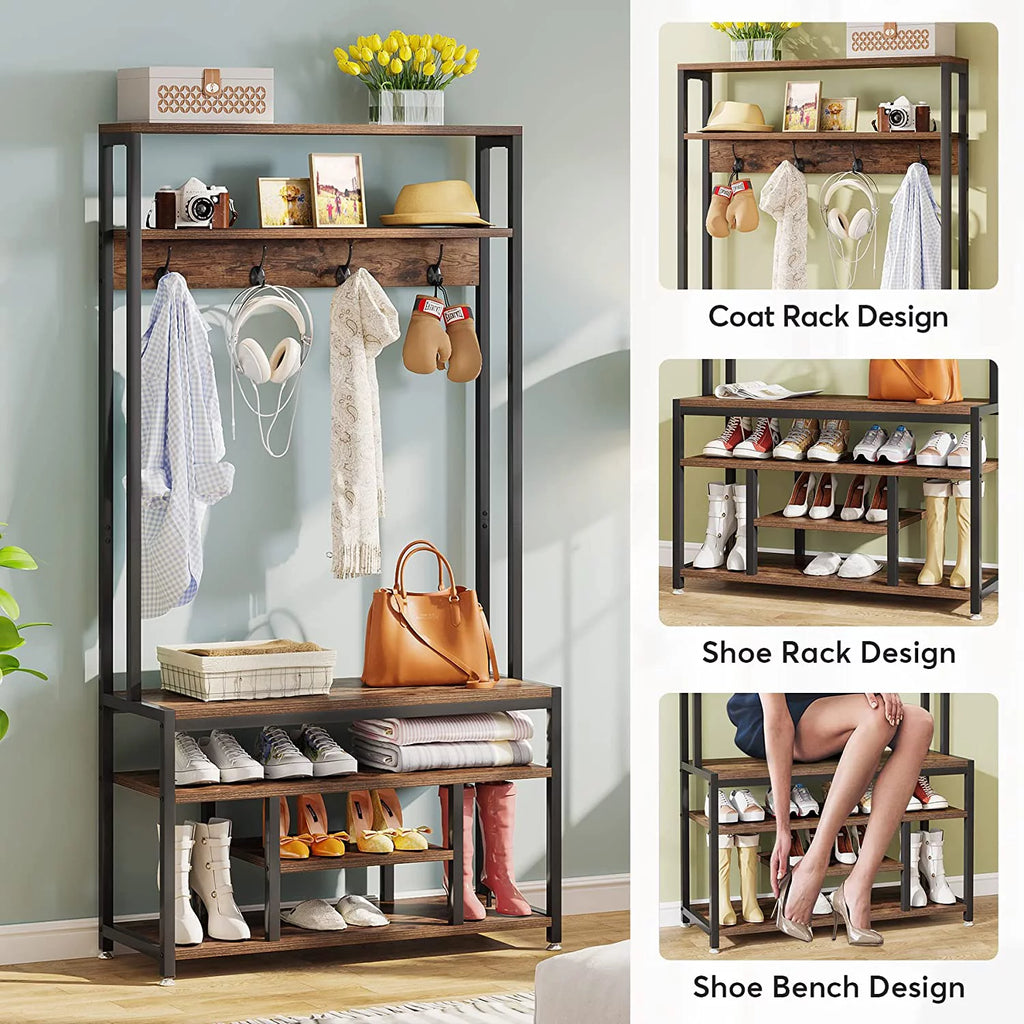 Industrial Coat Rack with Bench and Shoe Rack J211613