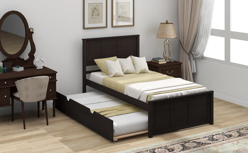 Wood Twin Platform Bed with Headboard & Trundle R6628