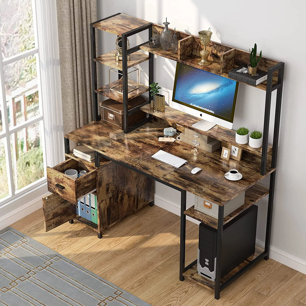 55" Computer Desk with Hutch and Storage Shelf F74186