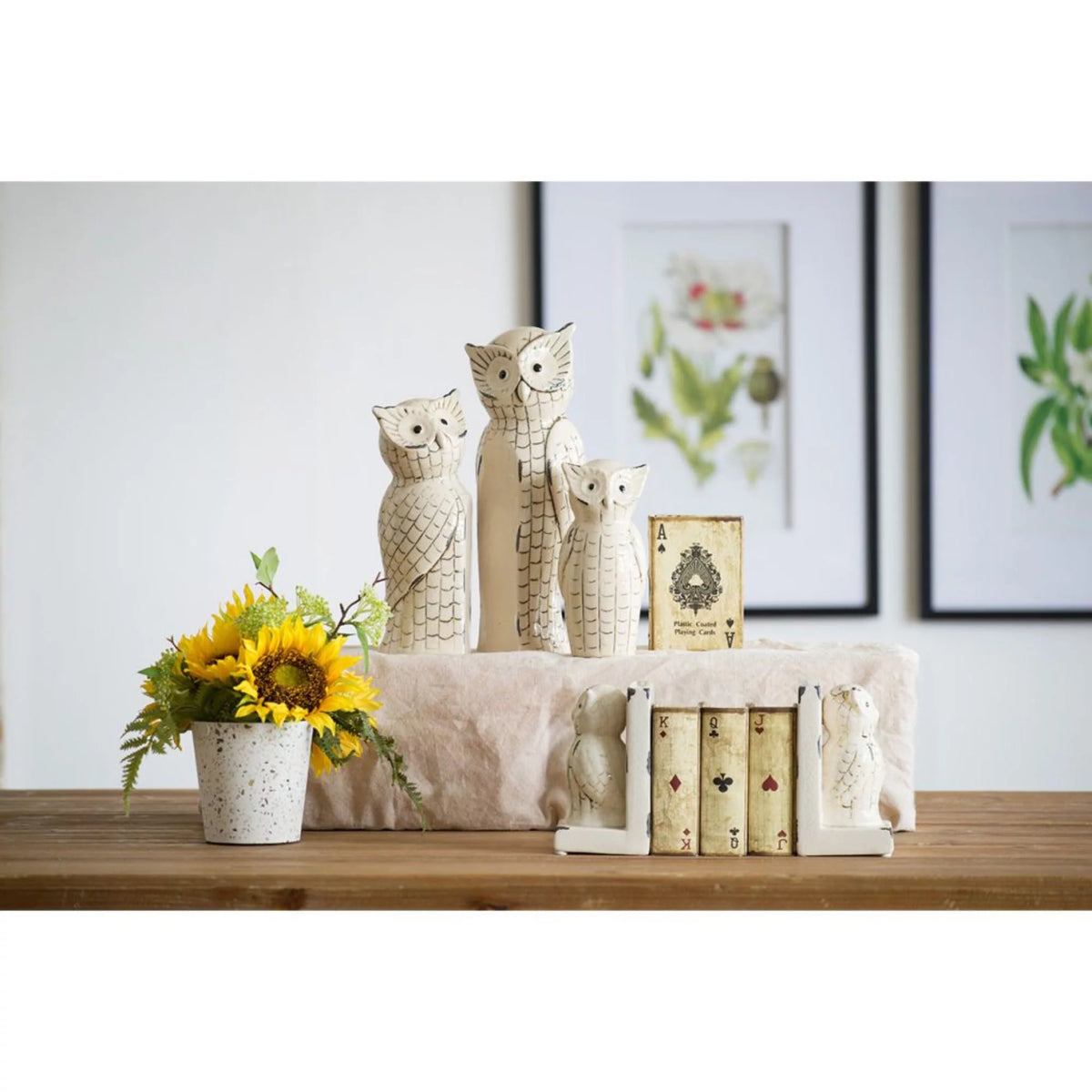 Set of 3 White and Black Owl Figurine Statues Q77670