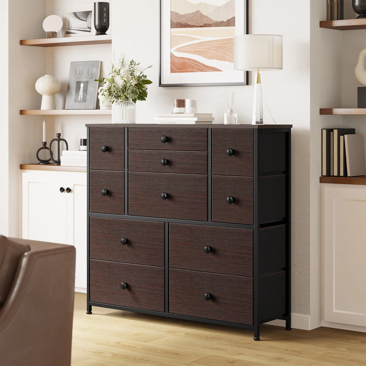 11 Fabric Drawers Dresser with Wood Top O867726