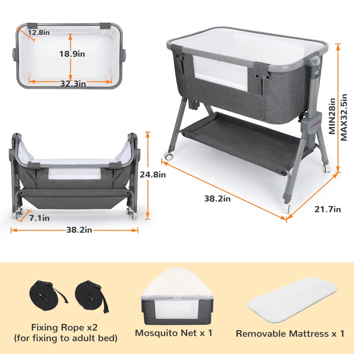 Baby Bassinet, Bedside Sleeper, Portable Crib, All Mesh - Grey B5592
