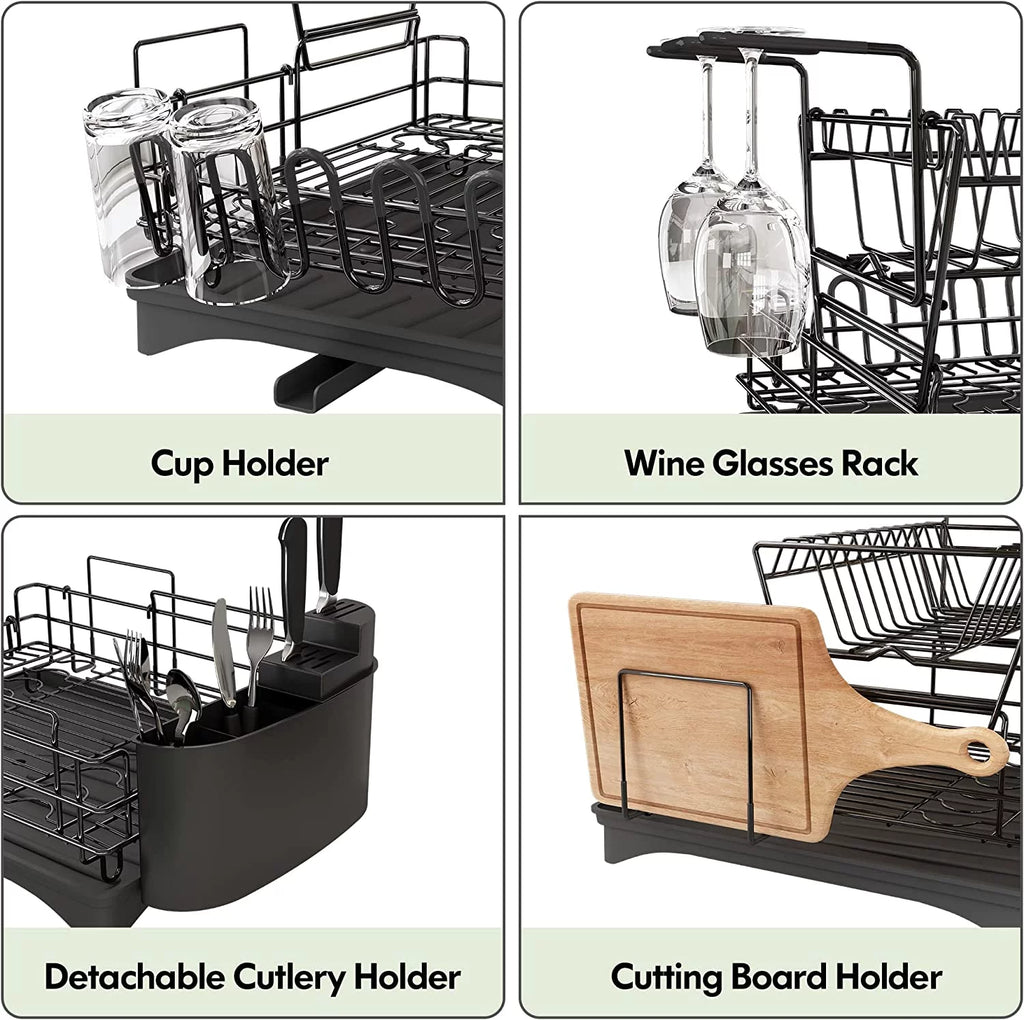 Large 2 Tier Black Dish Drying Rack with Drainboard Set I672493