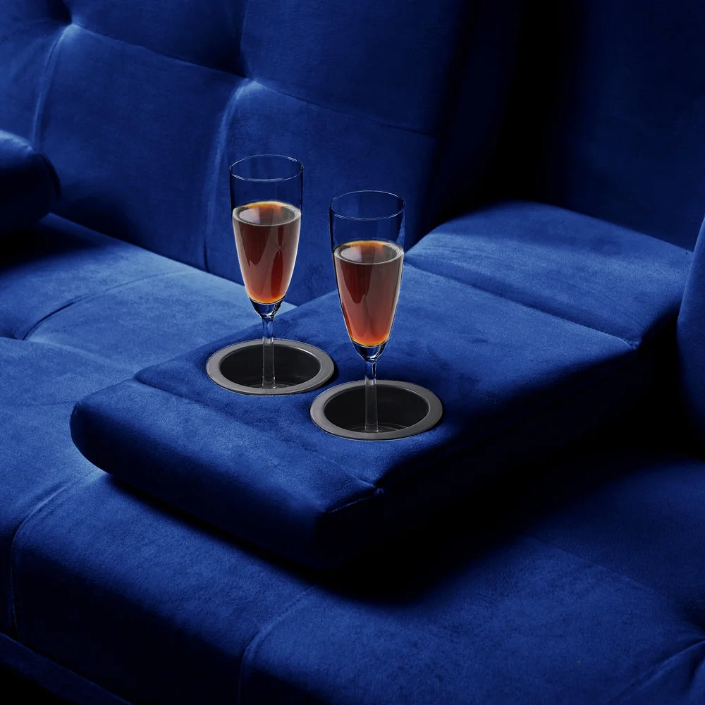 Blue Velvet Convertible Futon Sofa Bed with Cupholders W40486
