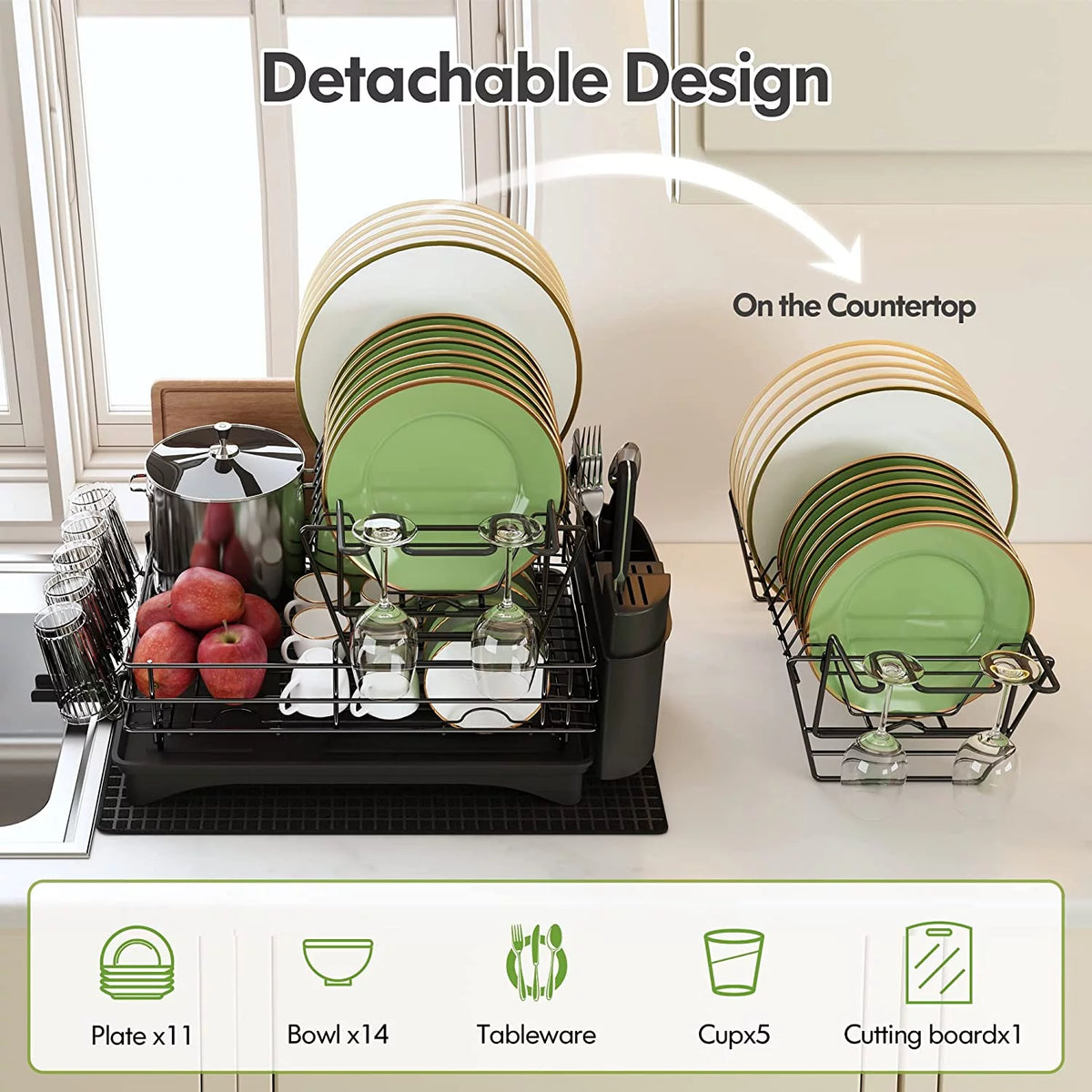 Large 2 Tier Black Dish Drying Rack with Drainboard Set I672493