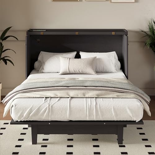 Queen Size Solid Pine Murphy Bed with Charging Station and Storage Drawer N6316