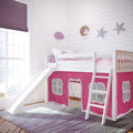 Twin Low Loft Wood Bunk Bed with Slide and Pink Curtain F653