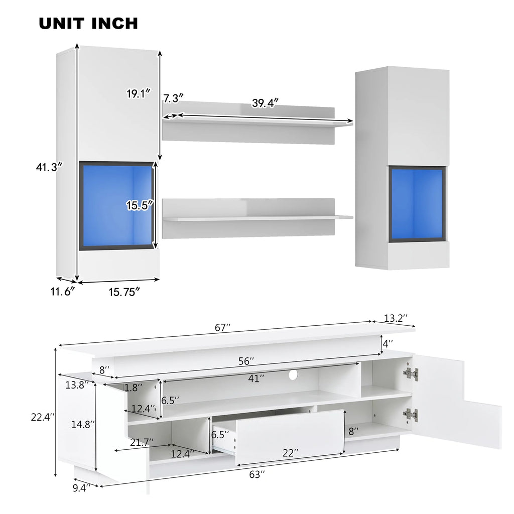White High Gloss Wall Mounted TV Stand with LED Light Strips C9299