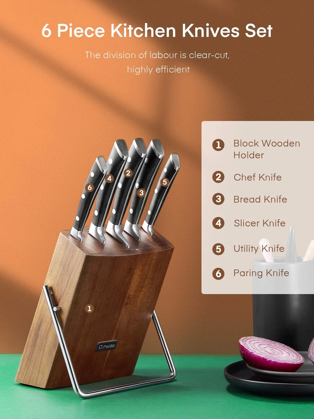 6 Piece German Stainless Steel Kitchen Knife Set with Wooden Block E9813