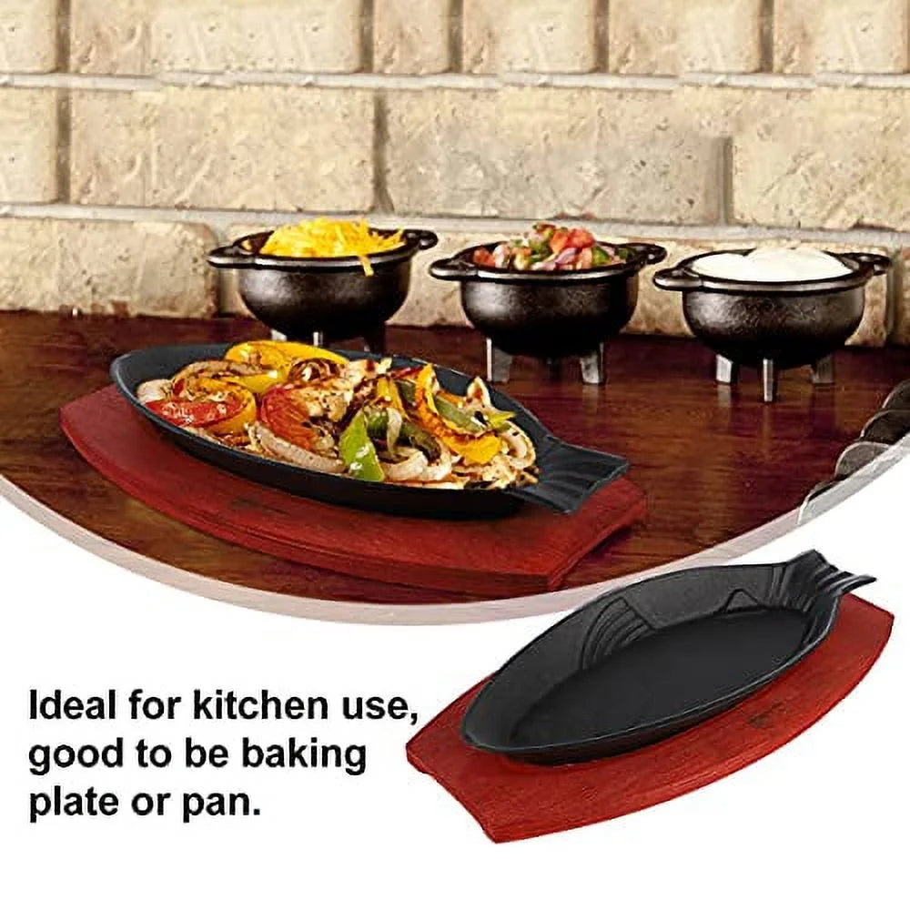 Cast Iron Fish Shaped Frying Pan with Wood Base J88949