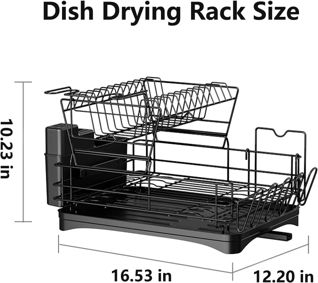 Large 2 Tier Black Dish Drying Rack with Drainboard Set I672493