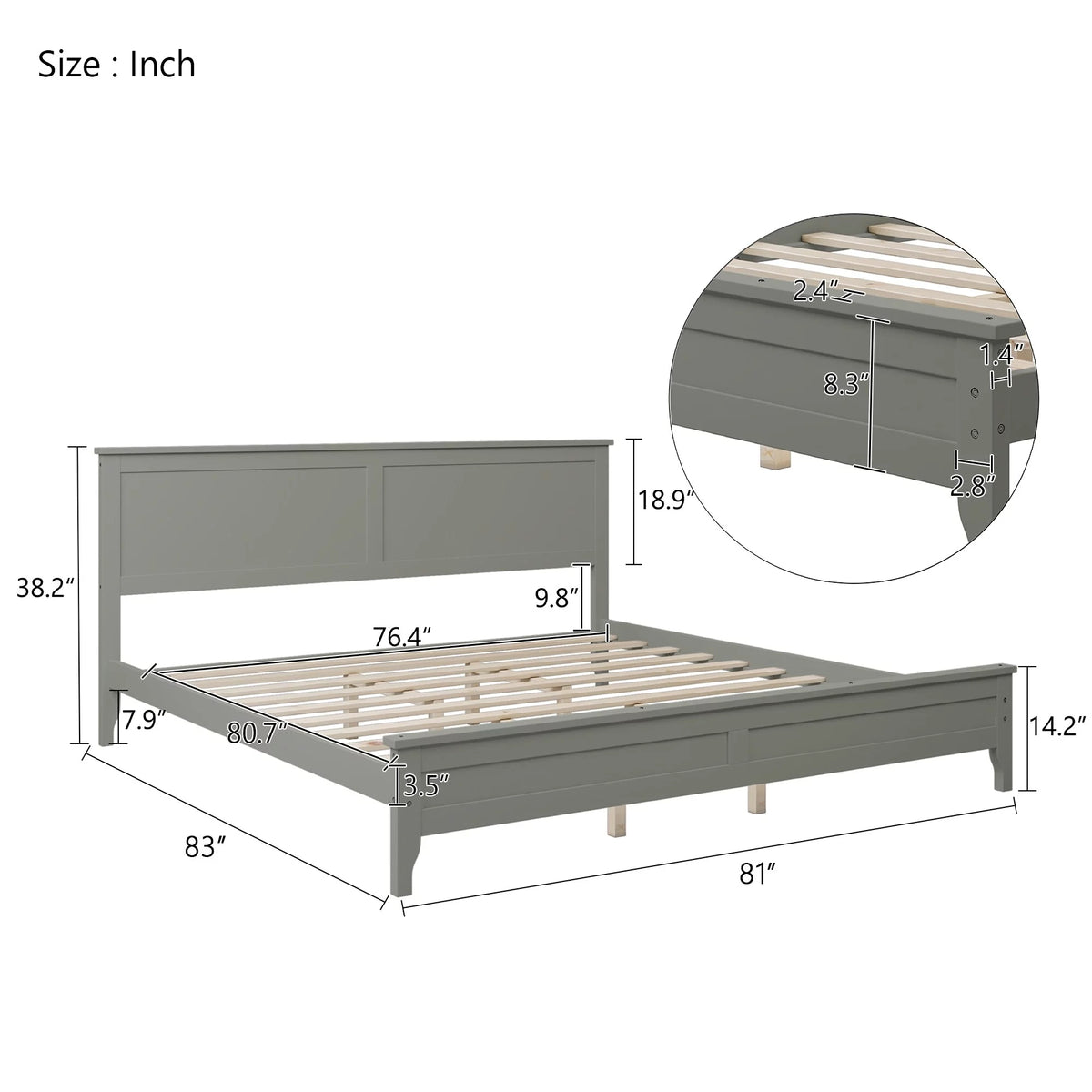 King Size Pine Platform Bed Frame with Headboard Q585697