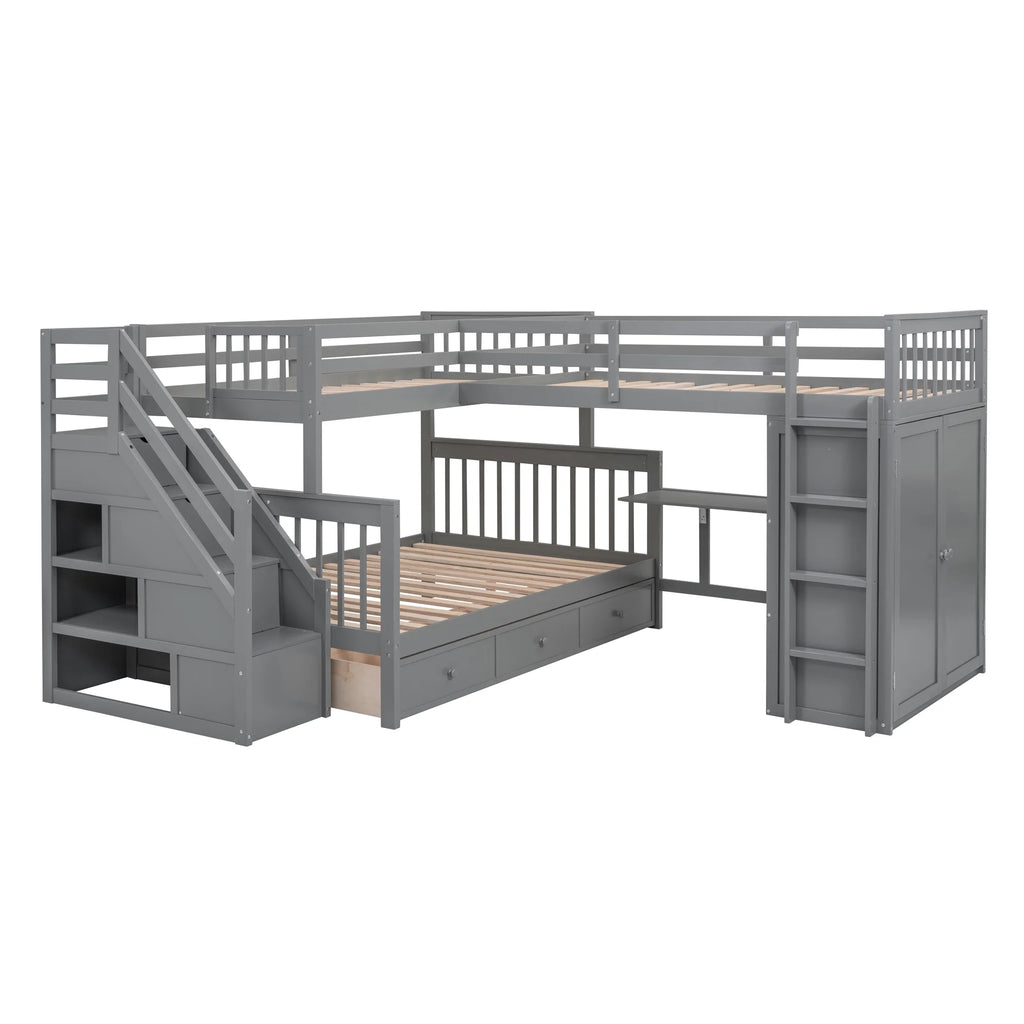 Twin-Twin Over Full L-Shaped Bunk Bed with Wardrobe and Desk J1258