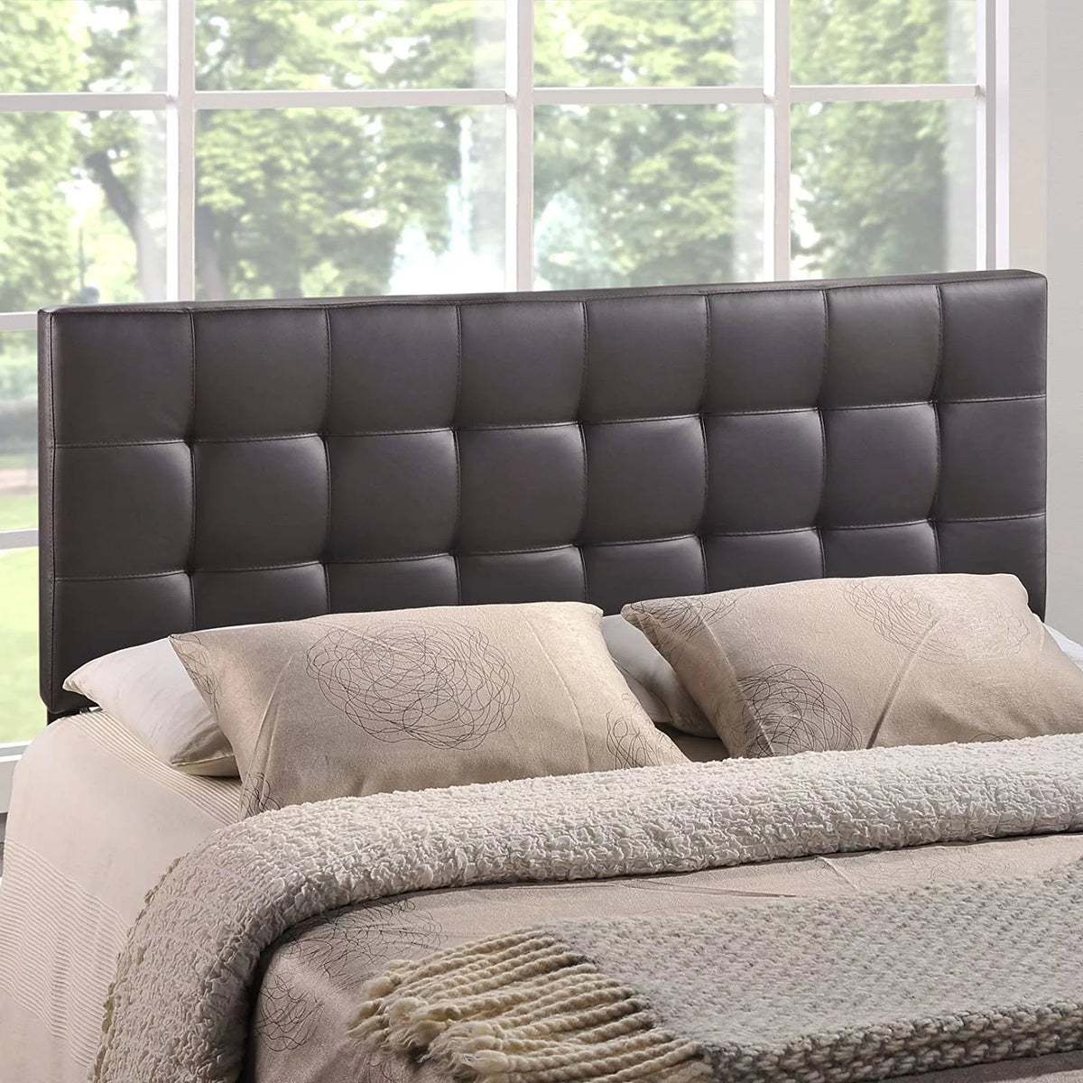 Brown Tufted Faux Leather Upholstered King Headboard C4520