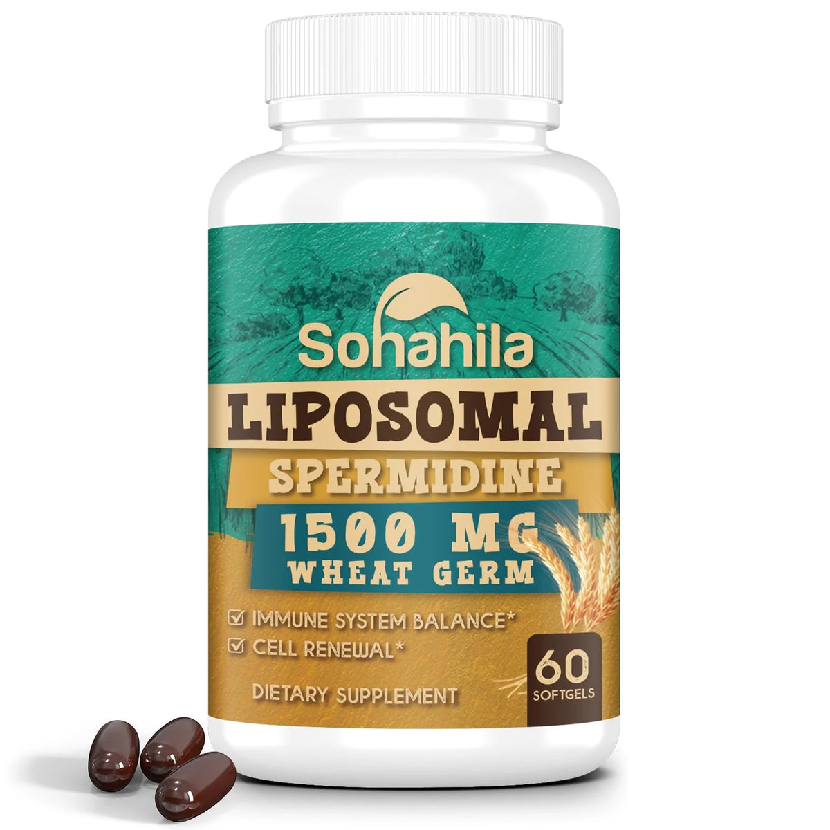 15mg Liposomal Spermidine Supplement with Wheat Germ Extract, Zinc, Thiamin, 60 Softgels I542