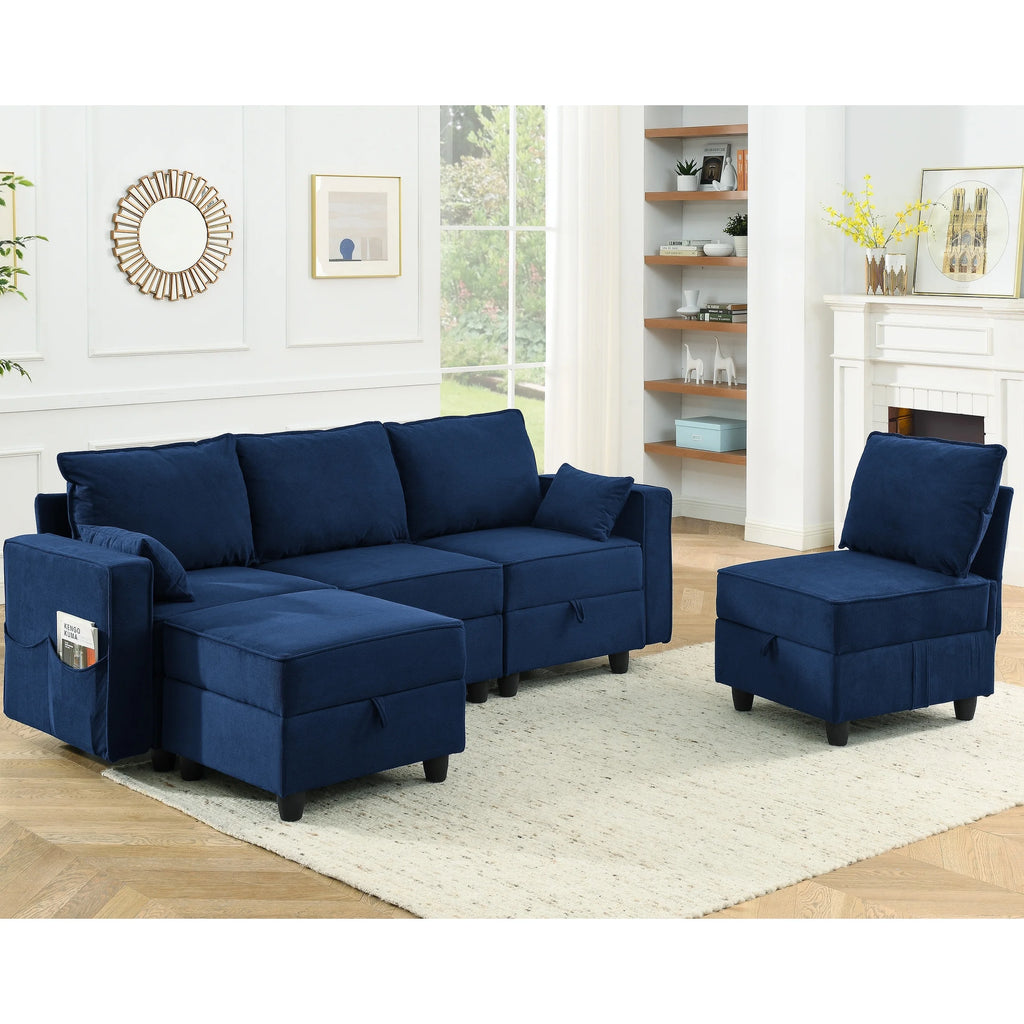 Navy Blue Corduroy Velvet 5 Seat Modular Sectional Sofa M418783