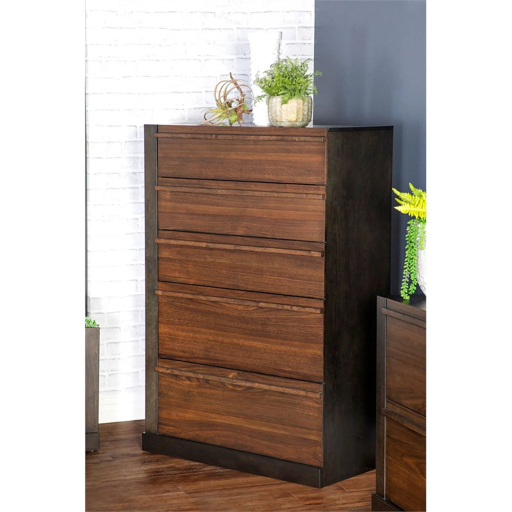 Contemporary Wood 5-Drawer Rectangular Chest in Walnut L4409
