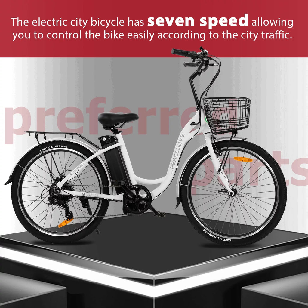 26 Inch 350 W White 7 Speed Electric Bicycle with Basket M65528