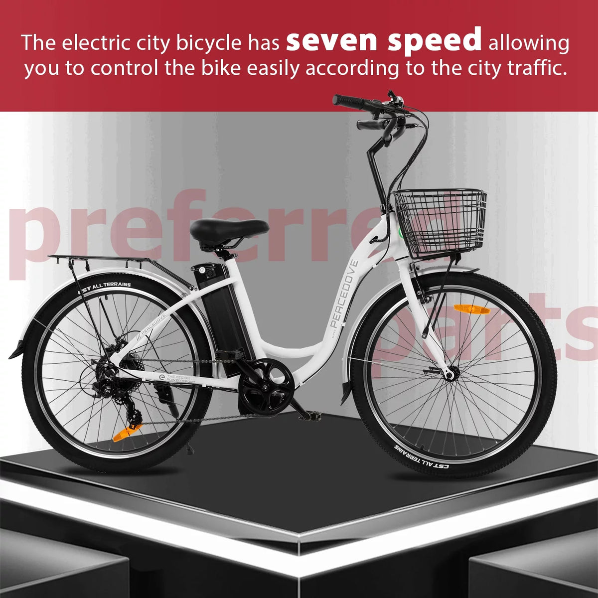 26 Inch 350 W White 7 Speed Electric Bicycle with Basket M65528
