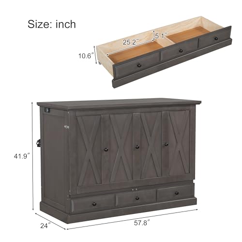 Queen Size Solid Pine Murphy Bed with Charging Station and Storage Drawer N6316