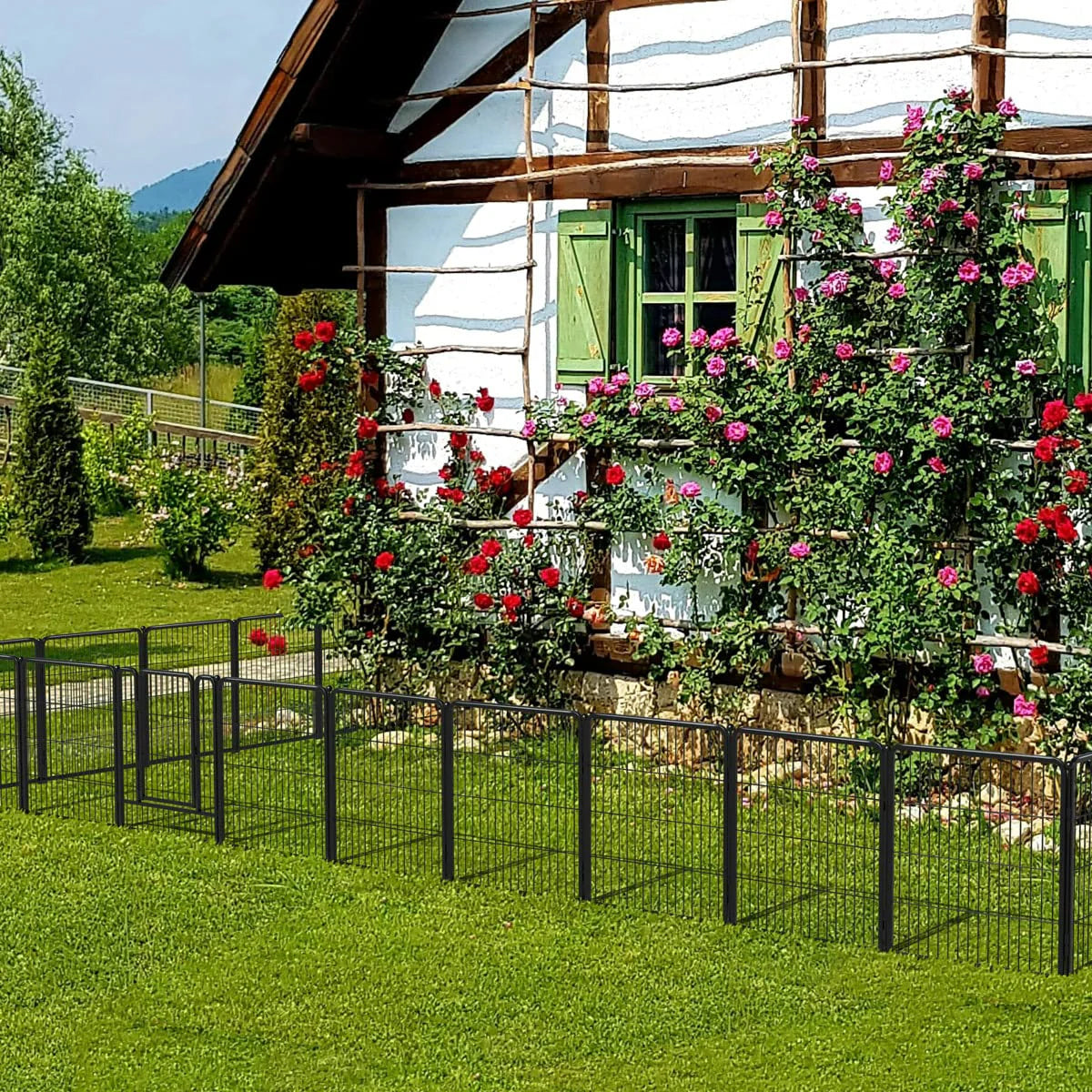 24 Panels 54ft x 32in Black Metal Garden Fence with 2 Gates G120571