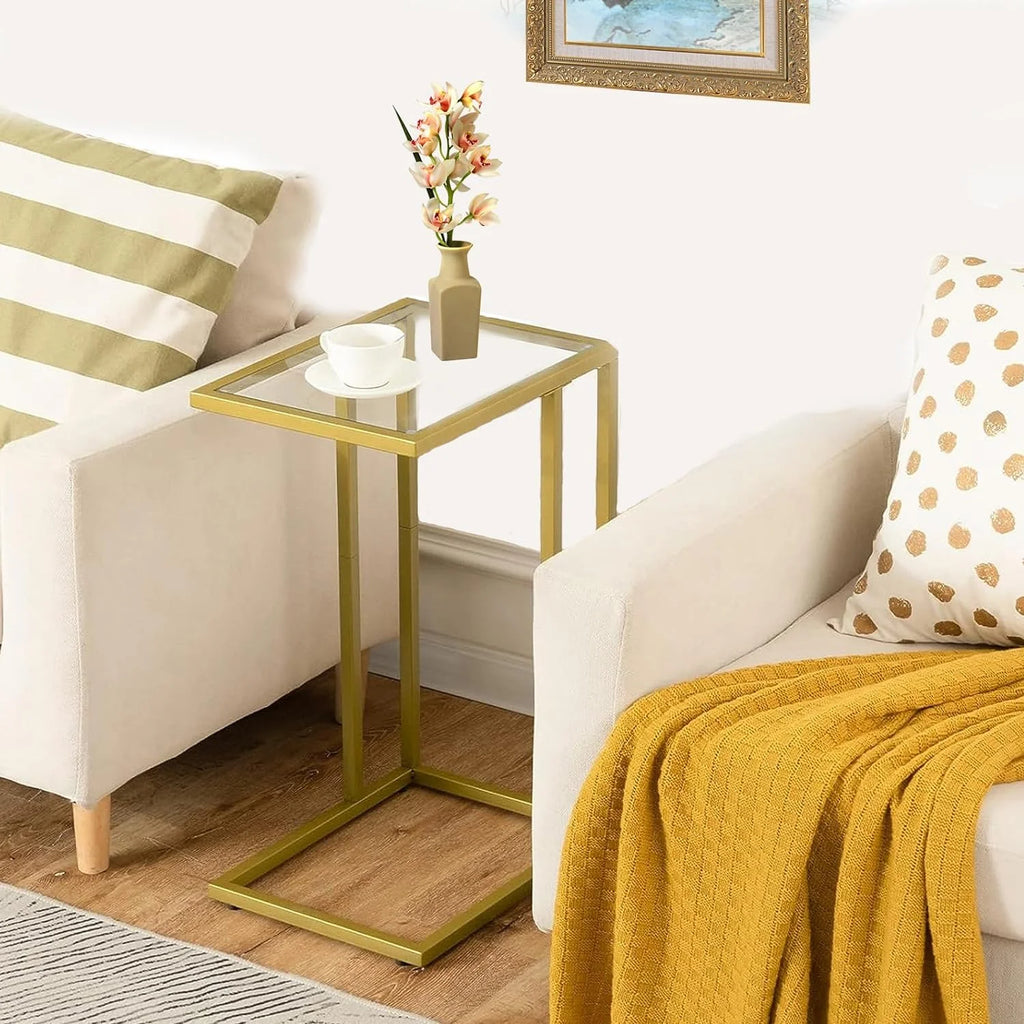 C Shaped Glass End Table with Metal Frame R9501