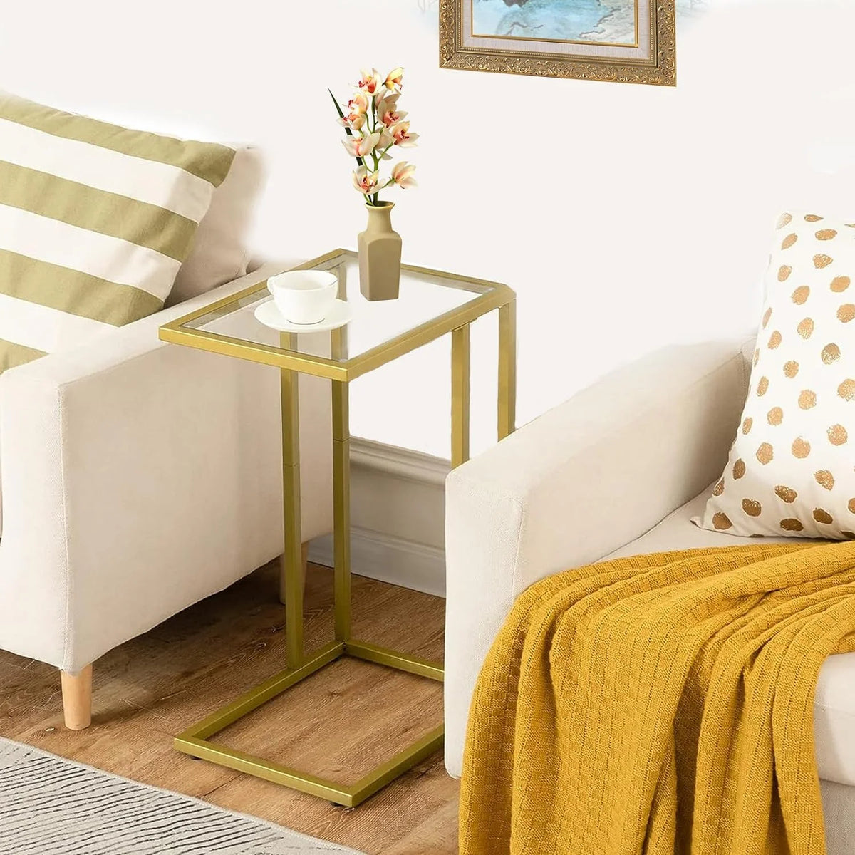 C Shaped Glass End Table with Metal Frame R9501