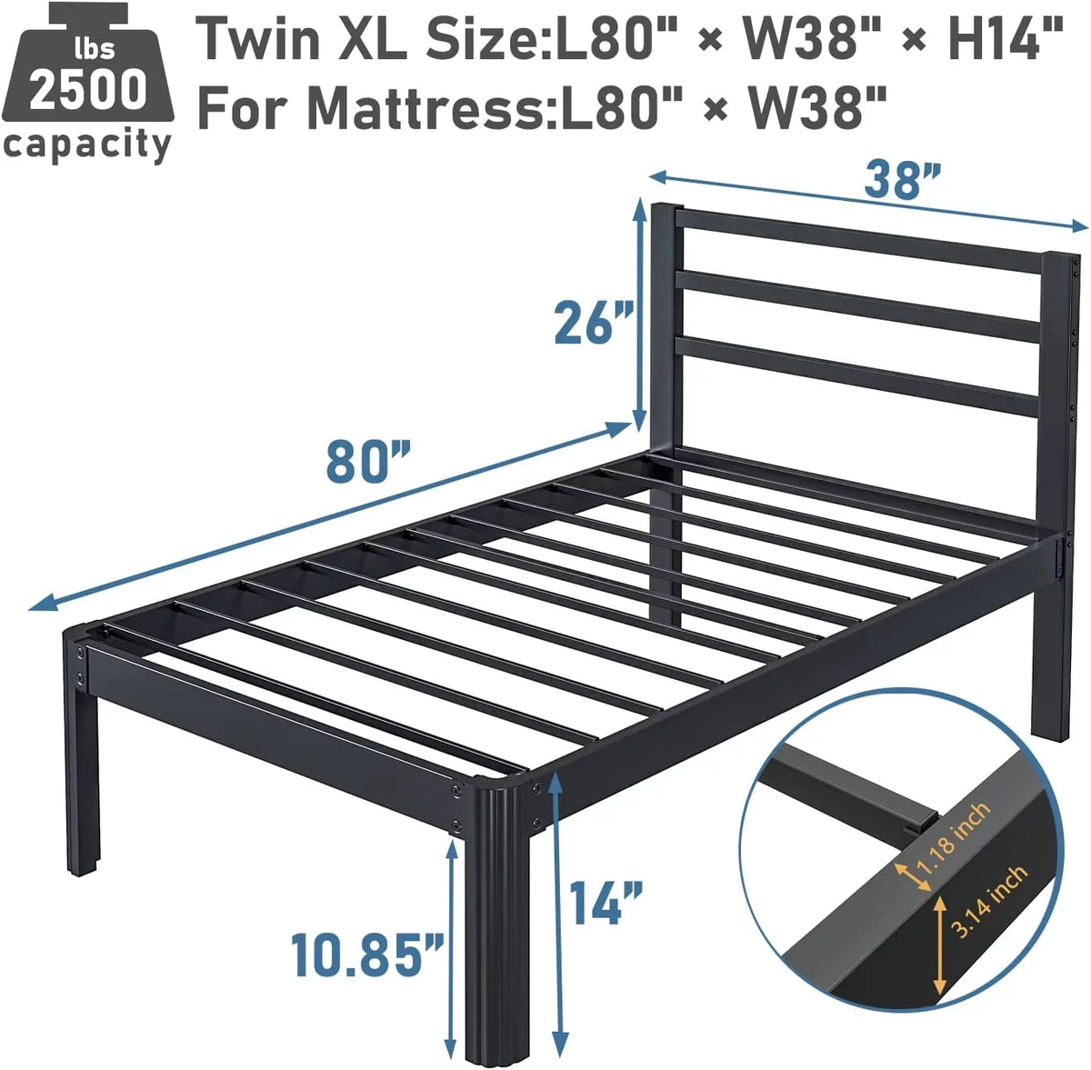 Twin XL Bed Frame with Headboard 14 Inch Black L21846