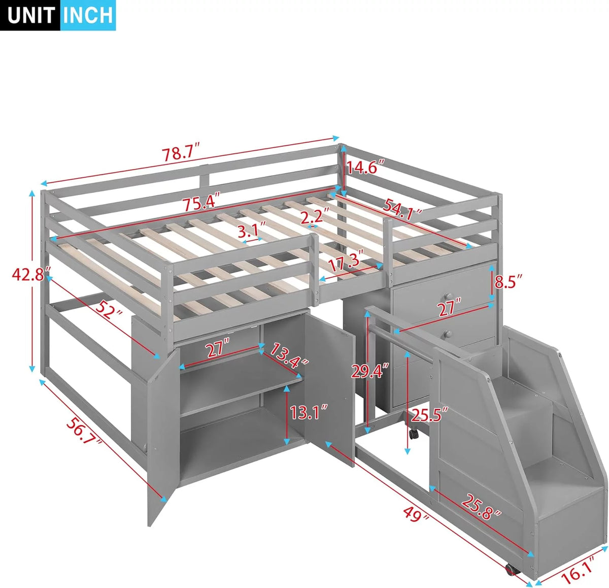 Full Size Solid Wood Bed Frame with Staircase and Drawers Grey W888