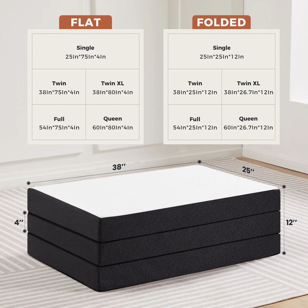 4 inch Tri-fold Memory Foam Mattress Topper, Twin Size, White J9185
