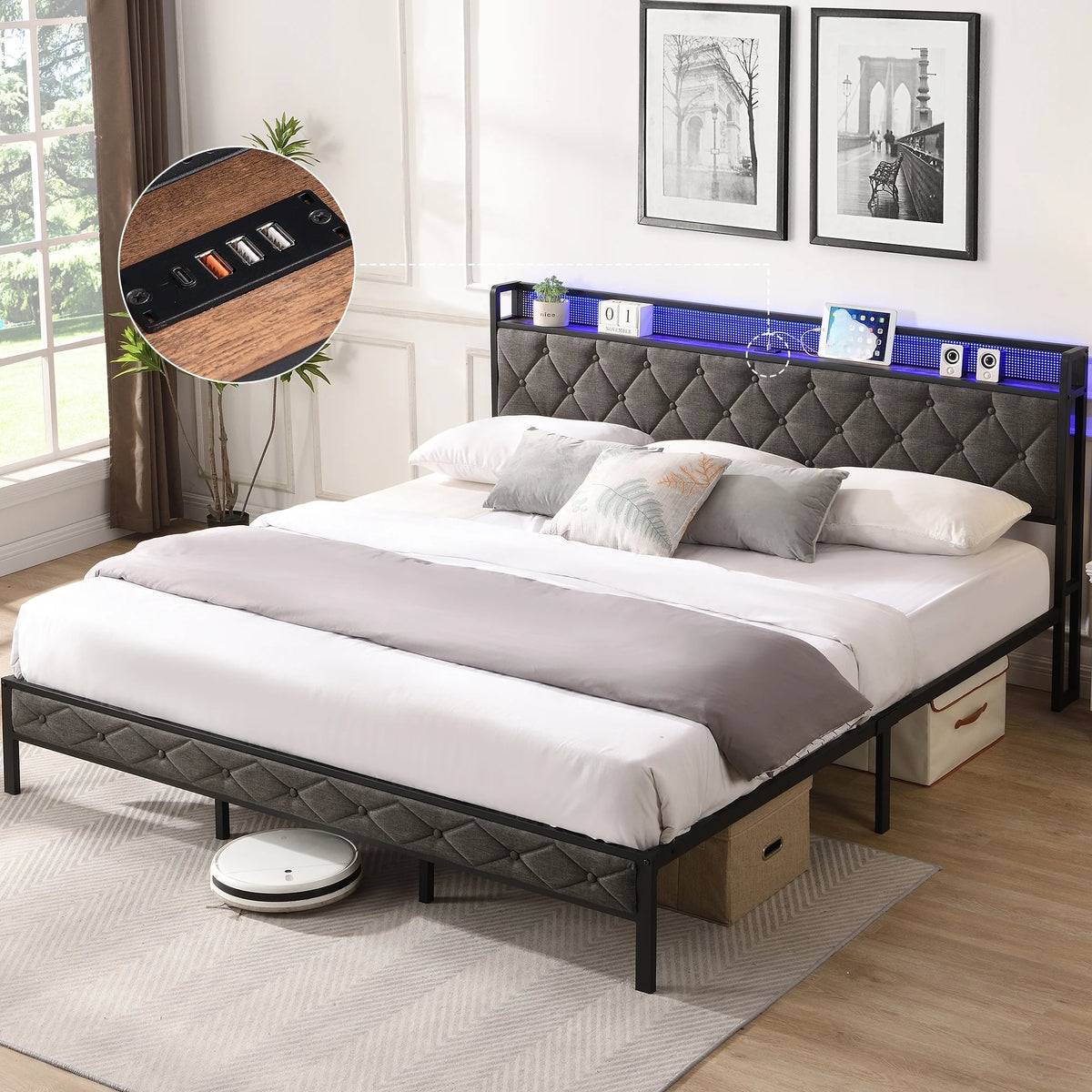 Full Size Upholstered Platform Bed with Storage Headboard F436331