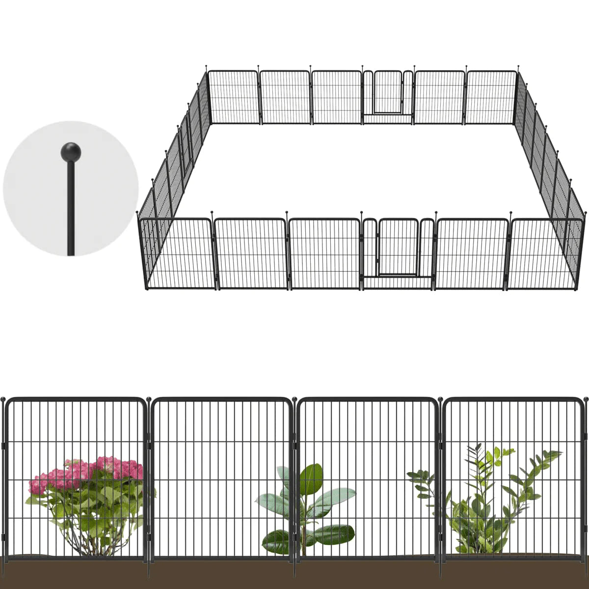 24 Panels 54ft x 32in Black Metal Garden Fence with 2 Gates G120571