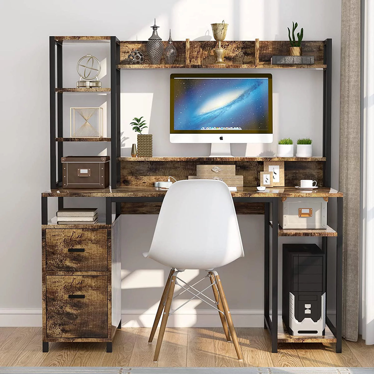 55" Computer Desk with Hutch and Storage Shelf F74186